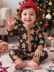SHEIN Infant Christmas Contrast Color Realistic Cookie Print Fitted One-Piece Pajamas, Footed Long Sleeve Jumpsuit - Multicolor - View 2