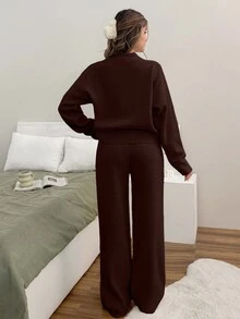 SHEIN Petite Size Woman V Neck Long Sleeve Dark Brown Solid Color Sweater Cardigan R Set Everyday Home Autumn Casual Minimalist Lounge - Brown - View 3