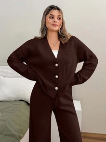 SHEIN Petite Size Woman V Neck Long Sleeve Dark Brown Solid Color Sweater Cardigan R Set Everyday Home Autumn Casual Minimalist Lounge - Brown - View 5