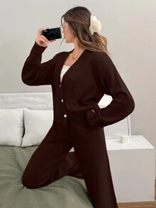 SHEIN Petite Size Woman V Neck Long Sleeve Dark Brown Solid Color Sweater Cardigan R Set Everyday Home Autumn Casual Minimalist Lounge - Brown - View 7