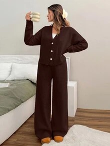 SHEIN Petite Size Woman V Neck Long Sleeve Dark Brown Solid Color Sweater Cardigan R Set Everyday Home Autumn Casual Minimalist Lounge - Brown - View 2