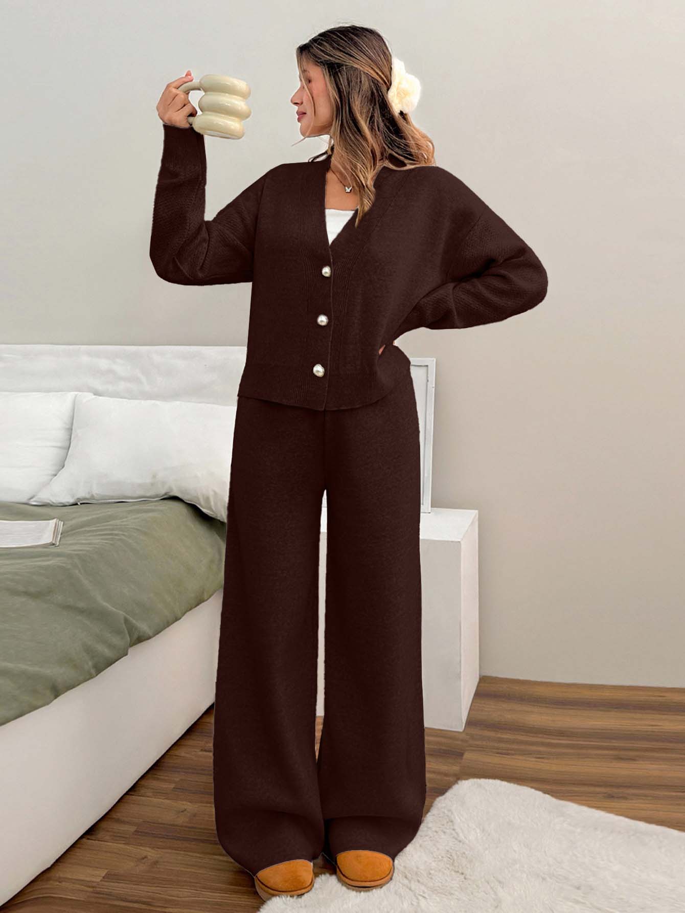 SHEIN Petite Size Woman V Neck Long Sleeve Dark Brown Solid Color Sweater Cardigan R Set Everyday Home Autumn Casual Minimalist Lounge