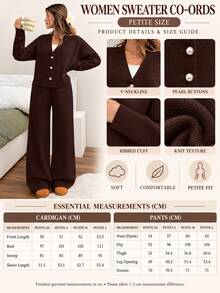 SHEIN Petite Size Woman V Neck Long Sleeve Dark Brown Solid Color Sweater Cardigan R Set Everyday Home Autumn Casual Minimalist Lounge - Brown - View 4