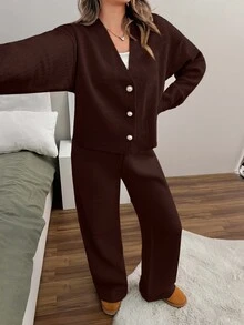 SHEIN Petite Size Woman V Neck Long Sleeve Dark Brown Solid Color Sweater Cardigan R Set Everyday Home Autumn Casual Minimalist Lounge - Brown - View 6