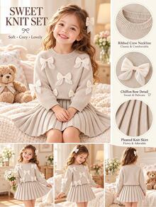 SHEIN Playful Pals 女童燕麦色手工欧根纱蝴蝶结圆领落肩长袖毛衣+配套百褶裙，柔软舒适，适合日常、户外、旅行、度假、居家、托儿所和儿童玩耍。女童春秋半裙，女童毛衣裙，女童秋冬服装两件套，幼儿女童可爱复古风秋冬少女装。 - 杏色 - 查看 7