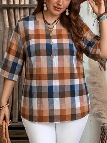 EMERY ROSE 大尺碼拼色鈕扣缺口V領半袖女上衣 2026春夏 派對度假 棕色 1950年代復古休閒風 - 彩色 - 查看 3