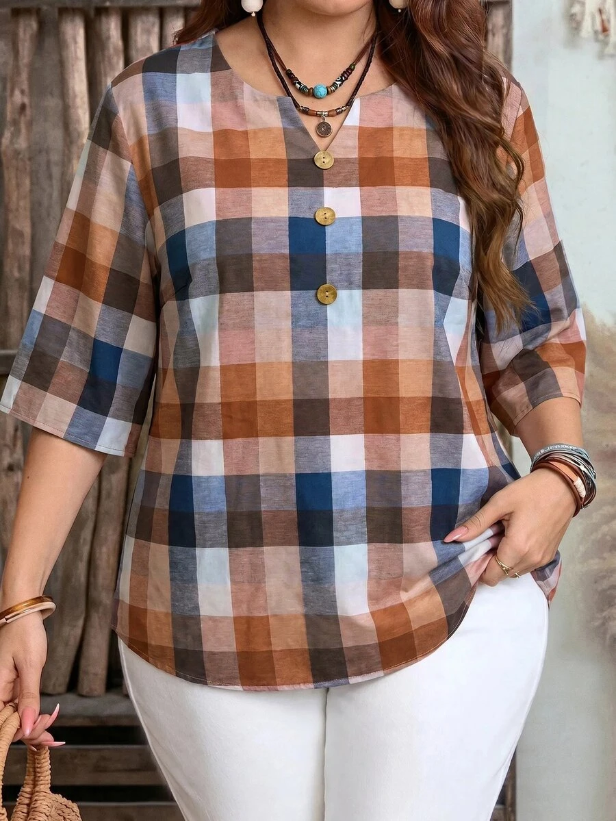 EMERY ROSE 大尺碼拼色鈕扣缺口V領半袖女上衣 2026春夏 派對度假 棕色 1950年代復古休閒風 - 彩色 - 查看 1