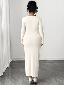 Elenzga Women's Plus Size Elegant Solid Color Metal Decor Asymmetric Neck Long Sleeve Fitted Ribbed Midi Dress, Suitable For Date, Party, Autumn/Winter Fall - Apricot - View 2