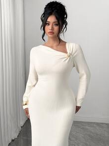 Elenzga Women's Plus Size Elegant Solid Color Metal Decor Asymmetric Neck Long Sleeve Fitted Ribbed Midi Dress, Suitable For Date, Party, Autumn/Winter Fall - Apricot - View 1
