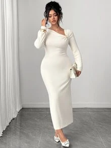 Elenzga Women's Plus Size Elegant Solid Color Metal Decor Asymmetric Neck Long Sleeve Fitted Ribbed Midi Dress, Suitable For Date, Party, Autumn/Winter Fall - Apricot - View 4