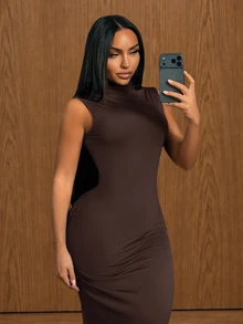 SHEIN SXY Women's Solid Color Casual Party Dress - Coffee Brown - View 6