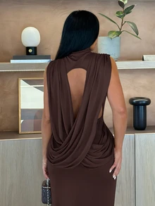 SHEIN SXY Women's Solid Color Casual Party Dress - Coffee Brown - View 8