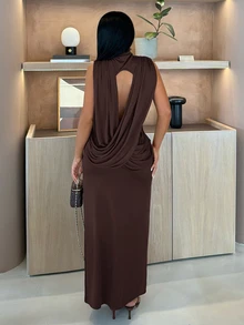 SHEIN SXY Women's Solid Color Casual Party Dress - Coffee Brown - View 7