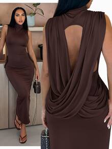 SHEIN SXY Women's Solid Color Casual Party Dress - Coffee Brown - View 3