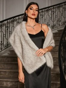 Allurite Women's Solid Color Toca Faux Fur Cape, Winter,Party Dinner Formal Big Beige Fur Cape For Wedding Party Clothes Elegant - Beige - View 7