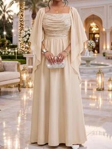 Fleurora Women's Plus Size Spaghetti Strap Backless Dress Wedding Formal Beige Summer Elegant Romantic - Apricot - View 4