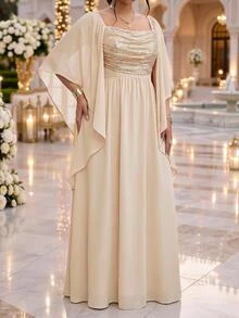 Fleurora Women's Plus Size Spaghetti Strap Backless Dress Wedding Formal Beige Summer Elegant Romantic - Apricot - View 5