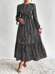 SHEIN 孕婦秋季休閒優雅全印花連身裙，適合早晨哺乳，黑色家庭正式款 - 黑色 - 查看 7