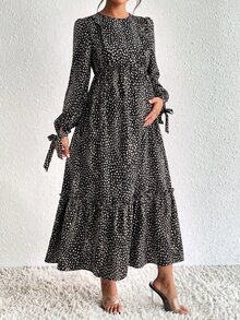 SHEIN 孕婦秋季休閒優雅全印花連身裙，適合早晨哺乳，黑色家庭正式款 - 黑色 - 查看 6