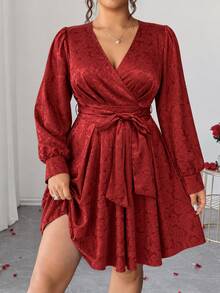 Elenzga Plus Size Women's Red Satin Rose Jacquard Fabric Vintage Puff Long Sleeve Ruffle Cuff Dress, Suitable For Birthday Party, Couple Date, Small Evening Party, Girls Get-Together - Burgundy - View 7