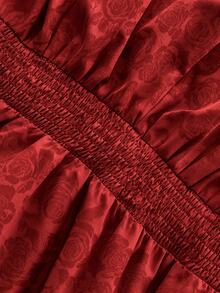 Elenzga Plus Size Women's Red Satin Rose Jacquard Fabric Vintage Puff Long Sleeve Ruffle Cuff Dress, Suitable For Birthday Party, Couple Date, Small Evening Party, Girls Get-Together - Burgundy - View 8