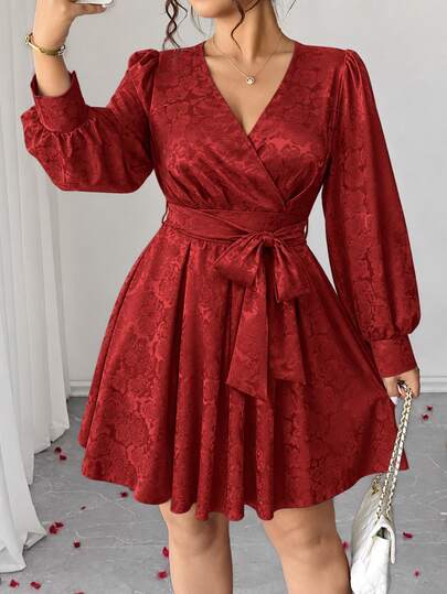 Elenzga Plus Size Women's Red Satin Rose Jacquard Fabric Vintage Puff Long Sleeve Ruffle Cuff Dress, Suitable For Birthday Party, Couple Date, Small Evening Party, Girls Get-Together
