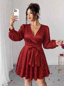 Elenzga Plus Size Women's Red Satin Rose Jacquard Fabric Vintage Puff Long Sleeve Ruffle Cuff Dress, Suitable For Birthday Party, Couple Date, Small Evening Party, Girls Get-Together - Burgundy - View 4