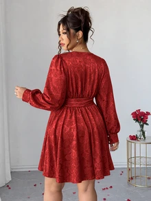 Elenzga Plus Size Women's Red Satin Rose Jacquard Fabric Vintage Puff Long Sleeve Ruffle Cuff Dress, Suitable For Birthday Party, Couple Date, Small Evening Party, Girls Get-Together - Burgundy - View 2