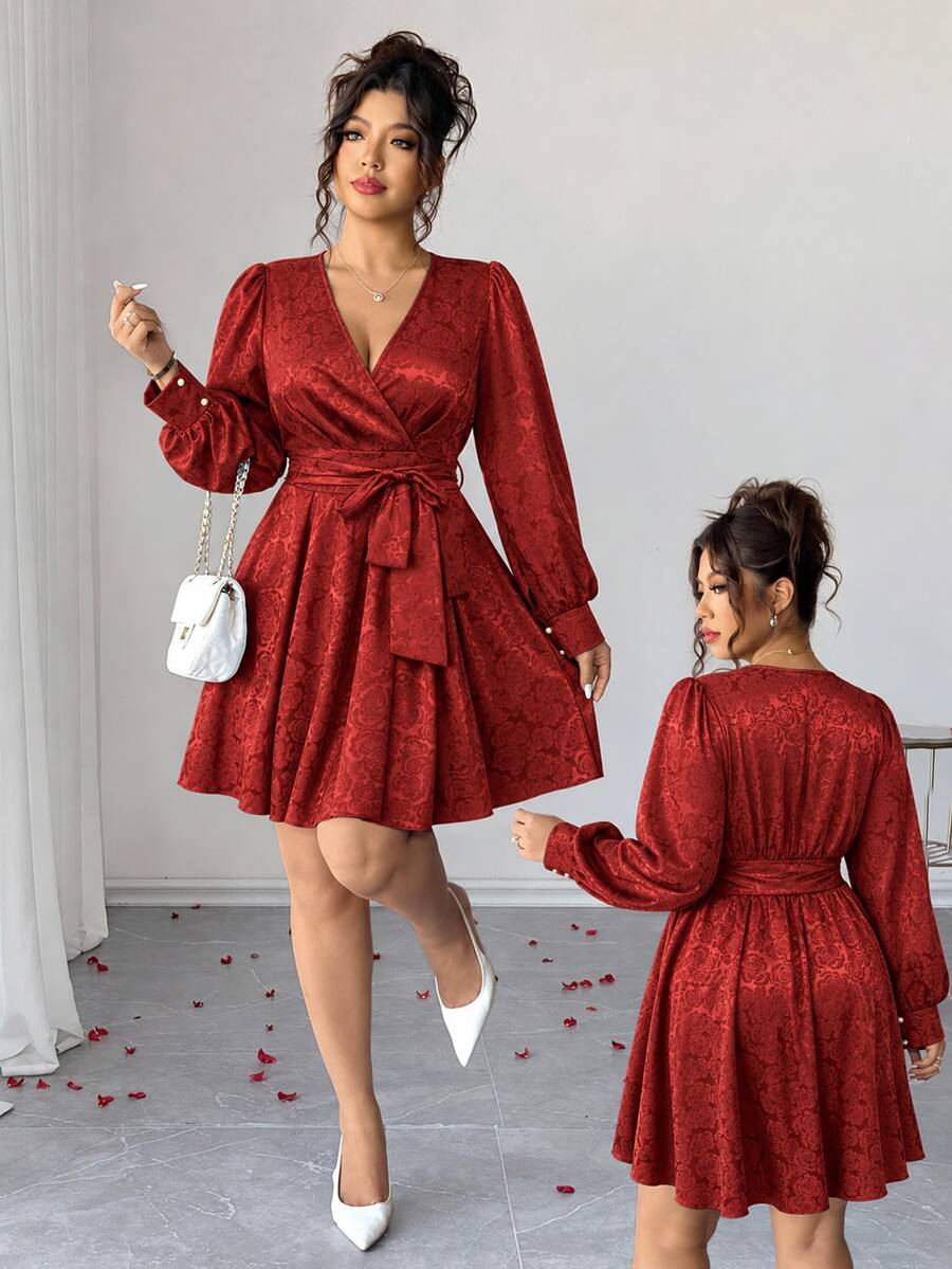 Elenzga Plus Size Women's Red Satin Rose Jacquard Fabric Vintage Puff Long Sleeve Ruffle Cuff Dress, Suitable For Birthday Party, Couple Date, Small Evening Party, Girls Get-Together - Burgundy - View 1