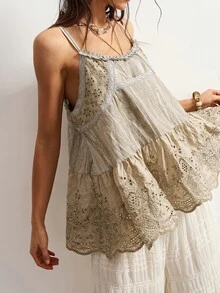Bohemela Women's Summer BOHO Cottage Core Solid Woven Cami TankVintage Jacquard PatchworkRuffle Hem Picnic Vacation Khaki - Dark Grey - View 6