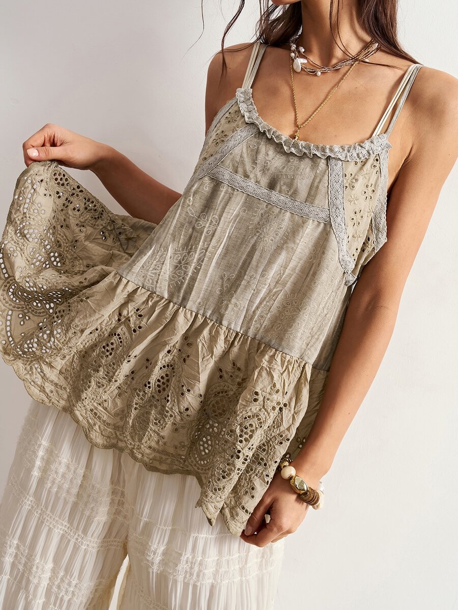 Bohemela Women's Summer BOHO Cottage Core Solid Woven Cami TankVintage Jacquard PatchworkRuffle Hem Picnic Vacation Khaki