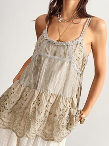 Bohemela Women's Summer BOHO Cottage Core Solid Woven Cami TankVintage Jacquard PatchworkRuffle Hem Picnic Vacation Khaki - Dark Grey - View 7