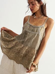Bohemela Women's Summer BOHO Cottage Core Solid Woven Cami TankVintage Jacquard PatchworkRuffle Hem Picnic Vacation Khaki - Dark Grey - View 3