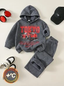 SHEIN 2件組兒童小男孩秋冬休閒賽車紅連帽衛衣 男童連帽衫街頭風衛衣套裝 賽車造型男童衛衣套裝 - 彩色 - 查看 7