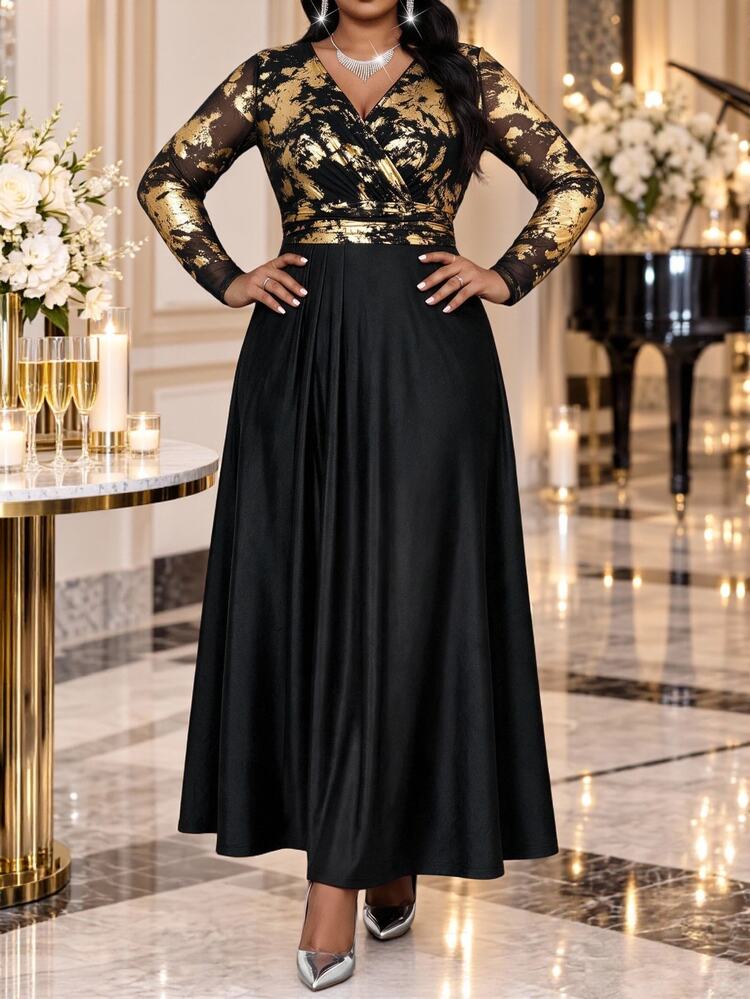 Fleurora Plus Size Women's Elegant Celestial Long Sleeve V-Neck Dress With Overlapping Black And Gold Foil Pattern Fall Formal Cocktail Party Evening Christmas - Multicolor - View 5