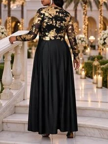 Fleurora Plus Size Women's Elegant Long Sleeve V-Neck Dress With Overlapping Gold Foil Pattern Fall - Multicolor - View 2
