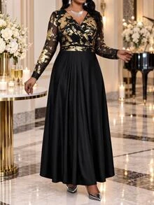 Fleurora Plus Size Women's Elegant Long Sleeve V-Neck Dress With Overlapping Gold Foil Pattern Fall - Multicolor - View 3