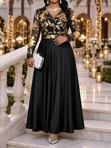Fleurora Plus Size Women's Elegant Long Sleeve V-Neck Dress With Overlapping Gold Foil Pattern Fall - Multicolor - View 1