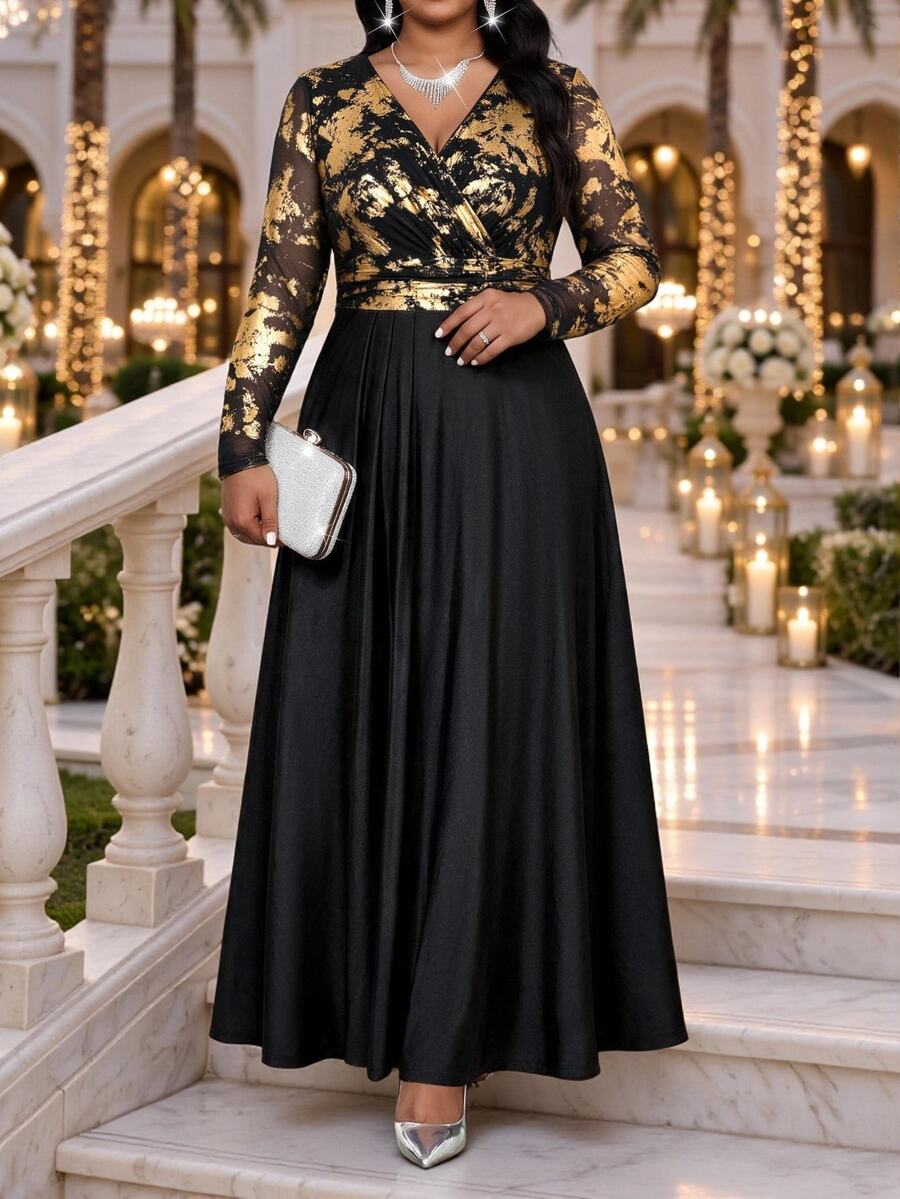 Fleurora Plus Size Women's Elegant Long Sleeve V-Neck Dress With Overlapping Gold Foil Pattern Fall - Multicolor - View 1