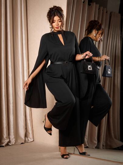 Cravure Mono largo negro de talla grande para otoño/invierno, elegante para fiestas, reuniones y compras, con cuello en V, efecto estilizante, estilo chal, manga larga, cintura ceñida y decoración de cinturón negro