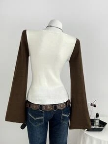 Elamini Áo len nữ tay dài họa tiết ngôi sao năm cánh phối màu tương phản phong cách thường ngày - trắng - Xem 2