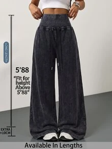 SHEIN Tall CURVE 大尺碼女款高腰寬腿寬鬆休閒長褲 秋季 - 深灰色 - 查看 2