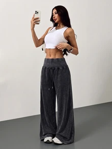 SHEIN Tall CURVE 大尺碼女款高腰寬腿寬鬆休閒長褲 秋季 - 深灰色 - 查看 6