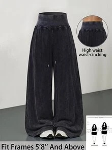 SHEIN Tall CURVE 大尺碼女款高腰寬腿寬鬆休閒長褲 秋季 - 深灰色 - 查看 1