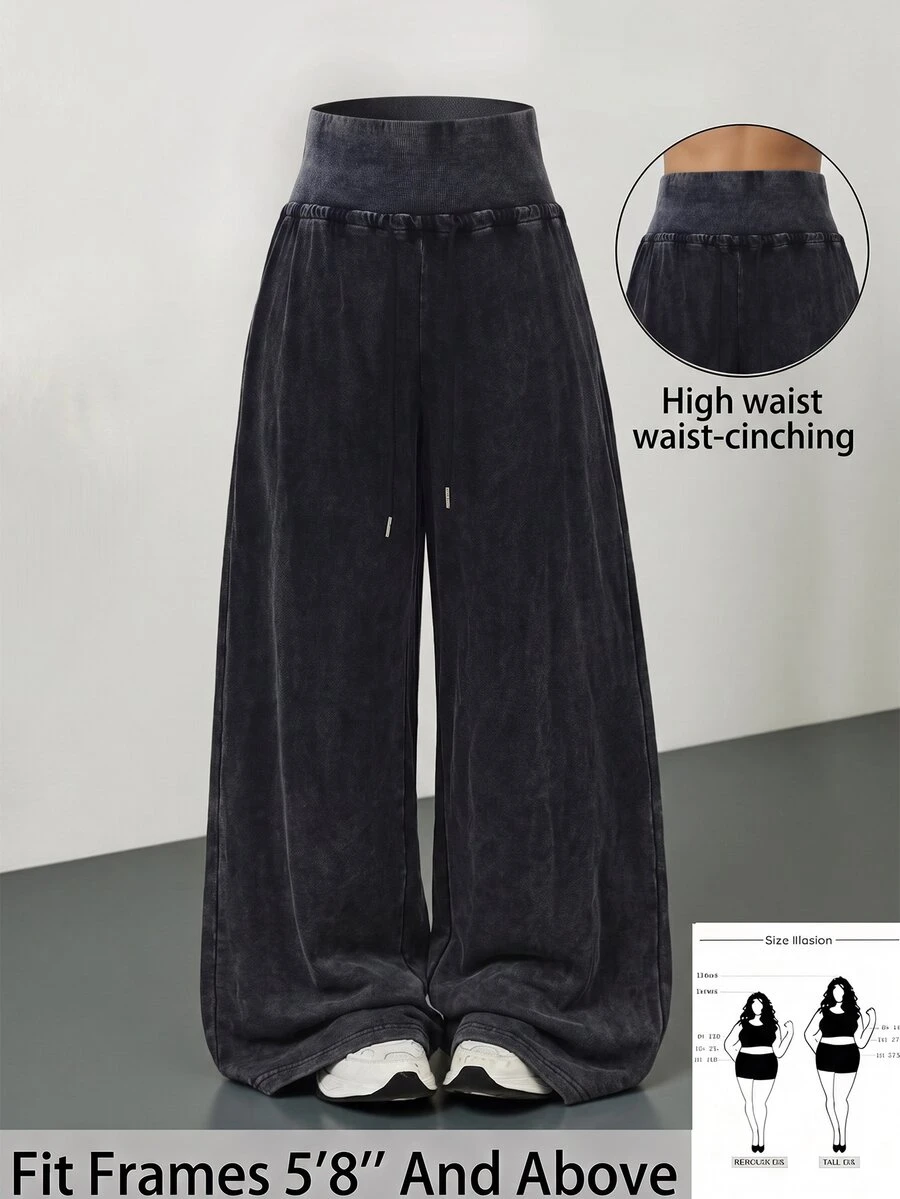 SHEIN Tall CURVE 大尺碼女款高腰寬腿寬鬆休閒長褲 秋季 - 深灰色 - 查看 1