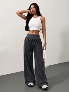 SHEIN Tall CURVE 大尺碼女款高腰寬腿寬鬆休閒長褲 秋季 - 深灰色 - 查看 7