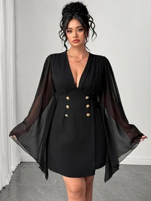 Elenzga Plus Size Women's Autumn/Winter Black Long Sleeve Short Dress With Metal Button Decor, Fashionable Elegant Chiffon Blazer-Style Dress For Party, Gathering And Date - Black - View 4