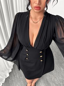 Elenzga Plus Size Women's Autumn/Winter Black Long Sleeve Short Dress With Metal Button Decor, Fashionable Elegant Chiffon Blazer-Style Dress For Party, Gathering And Date - Black - View 2