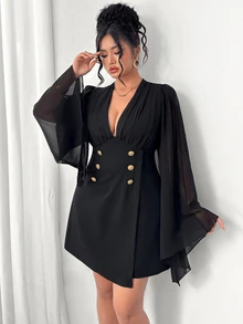 Elenzga Plus Size Women's Autumn/Winter Black Long Sleeve Short Dress With Metal Button Decor, Fashionable Elegant Chiffon Blazer-Style Dress For Party, Gathering And Date - Black - View 8