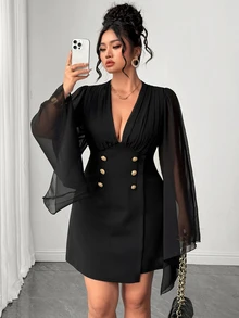 Elenzga Plus Size Women's Autumn/Winter Black Long Sleeve Short Dress With Metal Button Decor, Fashionable Elegant Chiffon Blazer-Style Dress For Party, Gathering And Date - Black - View 6